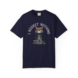 Navy blue t-shirt with a cartoon cat tangled in Christmas lights with text at the top that says I Regret Nothing