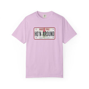 Light purple t-shirt with a humorous holiday license plate design on a white background