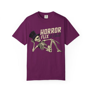 Dark gray t-shirt with 'Horror Flix & Chill Skeleton Halloween' design on a white background