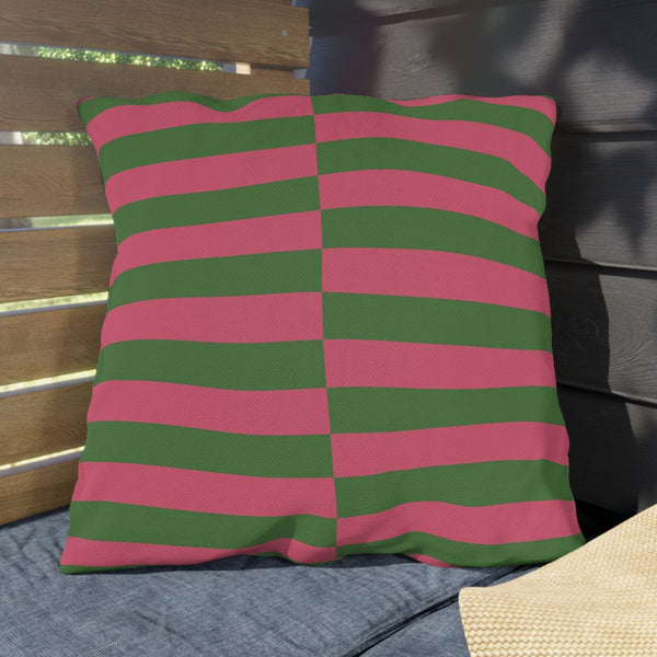 Pink and Green Striped Indoor Outdoor Throw Pillow