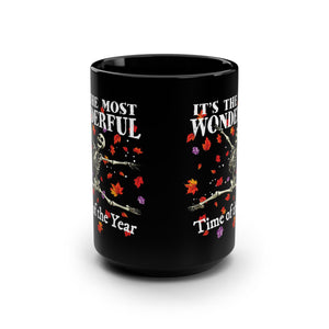mug with 'The Most Wonderful Time of the Year Halloween' graphic on a white background