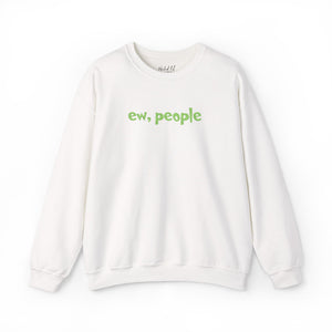 White sweatshirt with 'ew, people' embroidered on the front on a white background.