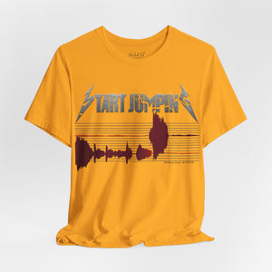 Silver t-shirt with 'Virginia Tech Metallica Seismograph Chart' design on a white background