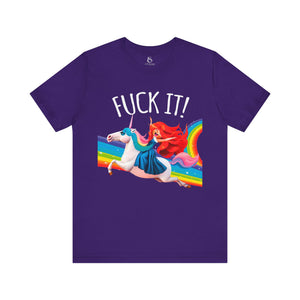 Gold t-shirt with 'Rainbows & Unicorns Funny' design on a white background