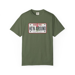 Green t-shirt with with a humorous holiday license plate design on a white background