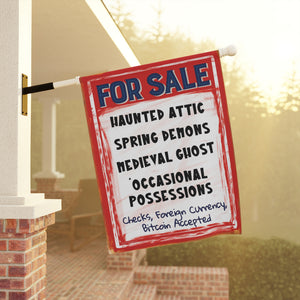 Garden flag with 'Haunted House For Sale Retro Halloween' design