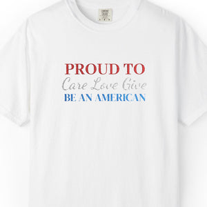 White t-shirt with red, blue, and black text on a white background