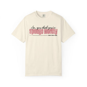Teal blue t-shirt with 'Sponge Worthy 90s Seinfeld Grunge' design on a white background