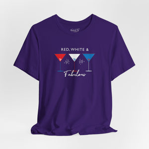 Charity pink t-shirt with 'Red White and Fabulous Patriotic Martini July 4th' design on a white background