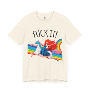 Black t-shirt with 'Rainbows & Unicorns Funny' design on a white background