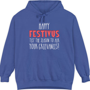 Blue hoodie with 'Happy Festivus' text on a white background