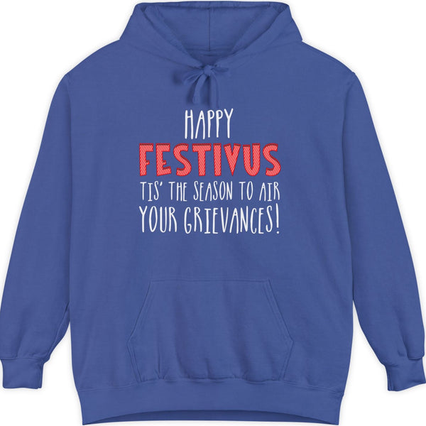 Blue hoodie with 'Happy Festivus' text on a white background