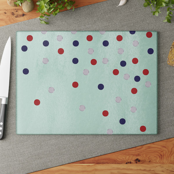 Patriotic Red White Blue Polka Dots Glass Cutting Board