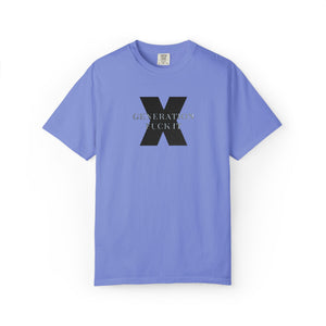 Purple t-shirt with embroidered Gen X  text on a white background