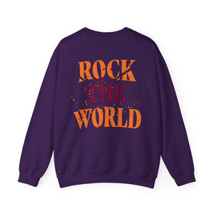 The back of a purple sweatshirt that says Rock the World on a white background.