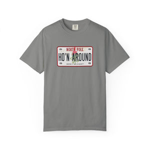 Gray t-shirt with a humorous holiday license plate design on a white background
