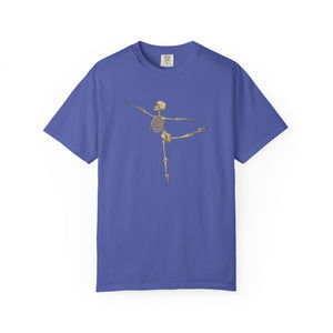 Blue t-shirt with a ballerina skeleton design on a white background