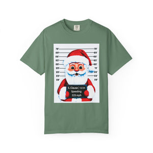 Green t-shirt with a graphic of Santa Claus in a mugshot style design on a white background