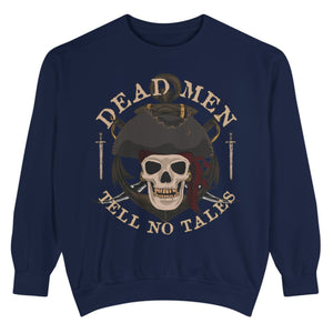 Person wearing a Blue Jean sweatshirt with 'Dead Men Tell No Tales Pirate Skull' design on a plain background