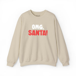 Tan sweatshirt with red and white embroidered text 'Omg, Santa!'