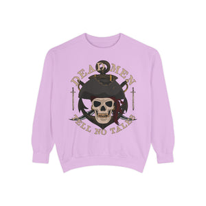 Blue jean sweatshirt with 'Dead Men Tell No Tales Pirate Skull' design on a plain background