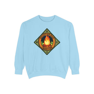 Light blue sweatshirt with a camping design on a white background