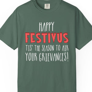 Green t-shirt with 'Happy Festivus' text on a white background