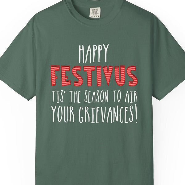 Green t-shirt with 'Happy Festivus' text on a white background