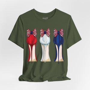 Baby blue t-shirt with 'Patriotic Fashion July 4th' design on a white background