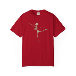 Red t-shirt t-shirt with a ballerina skeleton design on a white background
