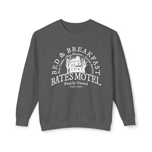 Peachy sweatshirt with 'Bates Motel Halloween Fall' design on a plain background