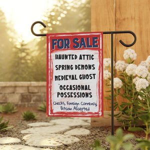 Garden flag with 'Haunted House For Sale Retro Halloween' design