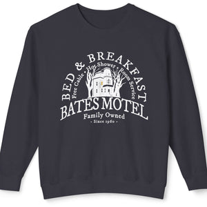 Dark Grey Black sweatshirt with white 'Bates Motel' logo on a white background
