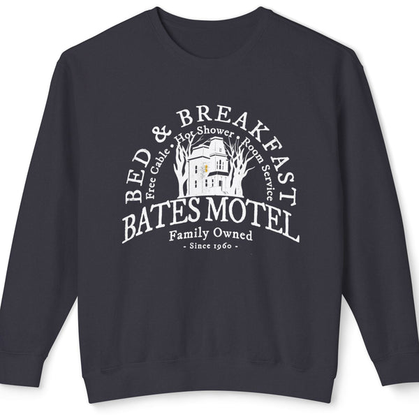 Dark Grey Black sweatshirt with white 'Bates Motel' logo on a white background