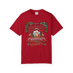 Red t-shirt with Christmas moonshine graphic and text on a white background