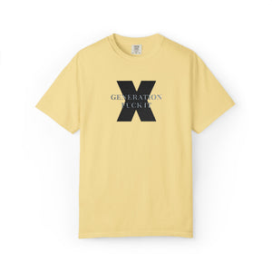 Yellow t-shirt with embroidered Gen X  text on a white background