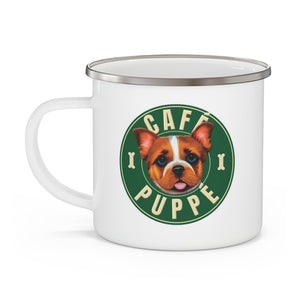mug with 'Cafe Puppe Treat' graphic on a white background