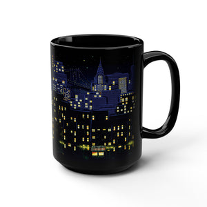 mug with 'Starry Night New York City Art' graphic on a white background