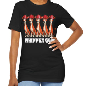 Gold t-shirt with 'Whippet Good Devo 80's Music Funny' design on a white background