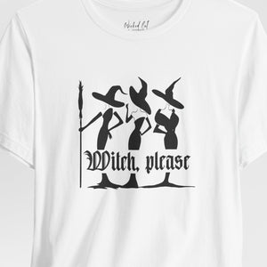 White t-shirt with witch graphic and 'Witch Please' text on a white background