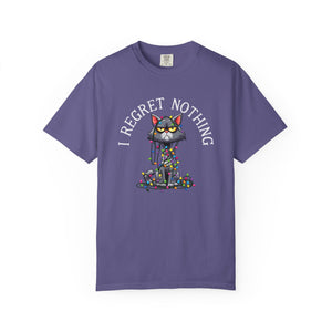Purple t-shirt with a cartoon cat tangled in Christmas lights with text at the top that says I Regret Nothing