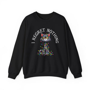 Black sweatshirt with a graphic of a cat tangled in Christmas lights and text the says 'I Regret Nothing'.
