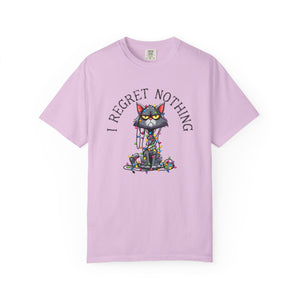 Light pink t-shirt with a cartoon cat tangled in Christmas lights with text at the top that says I Regret Nothing