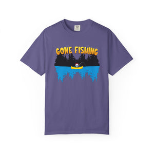 Purple t-shirt with 'Gone Fishing' graphic on a white background