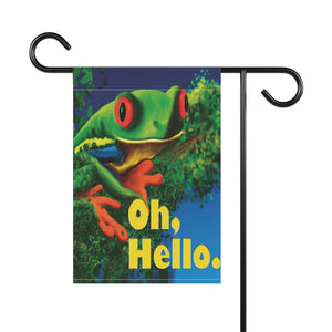 Garden flag with 'Oh Hello Frog Funny' design
