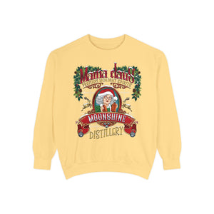 Yellow sweatshirt with a graphic of a woman in a Santa hat and text 'Mama Claus Moonshine Distillery' on a white background.