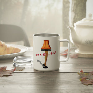 mug with 'Leg Lamp Christmas Story Insulated Travel 10oz' graphic on a white background