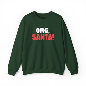 Green sweatshirt with red and white embroidered text 'Omg, Santa!'