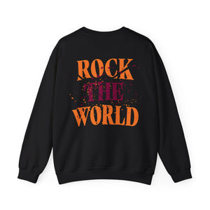 The back of a black sweatshirt that says Rock the World on a white background.