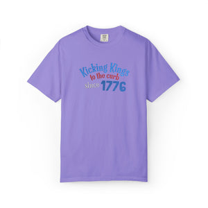 Purple t-shirt with text 'Kicking Kings to the curb since 1776' on a white background